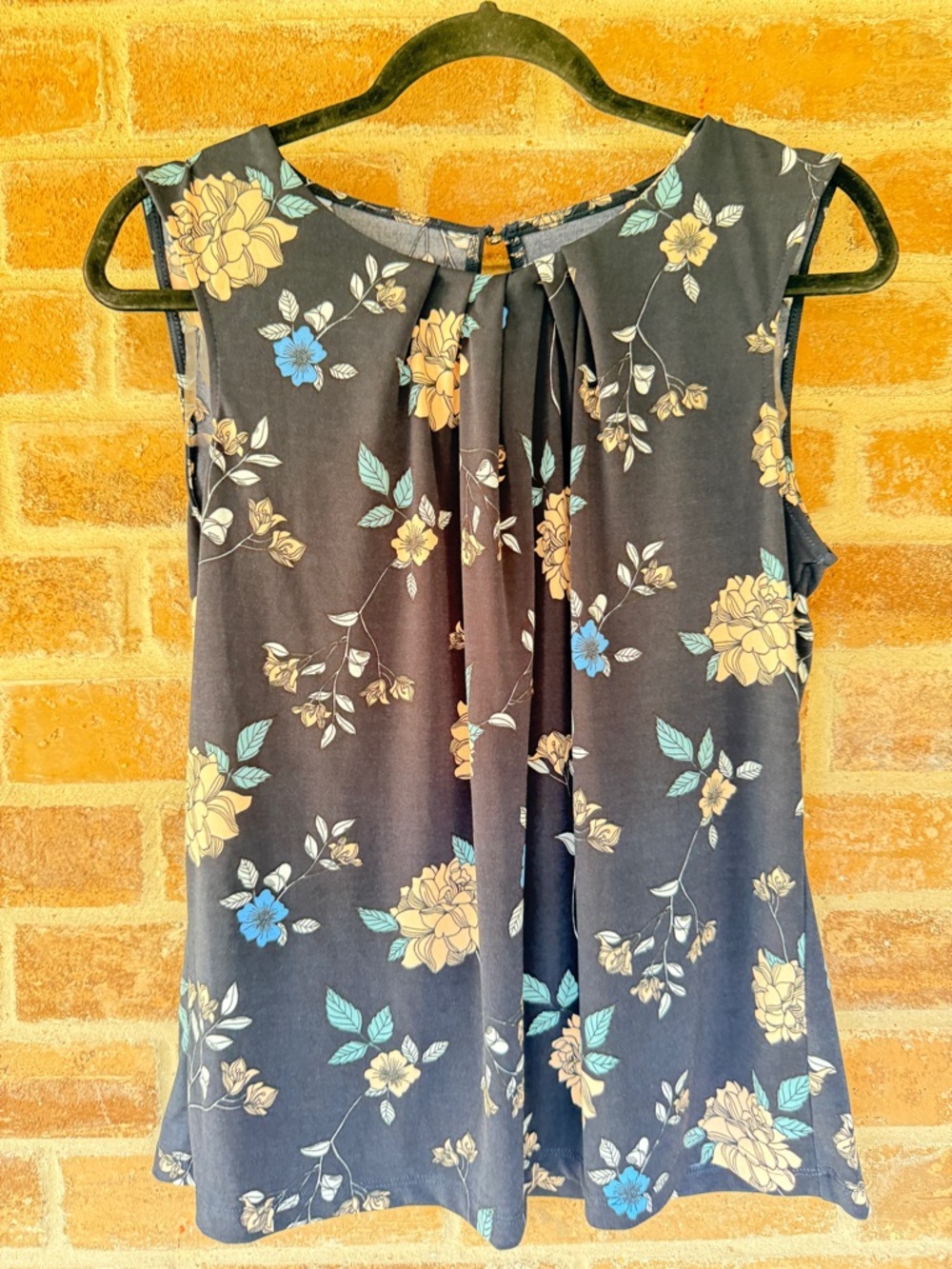 Sleeveless Navy Floral Pleated Front Blouse